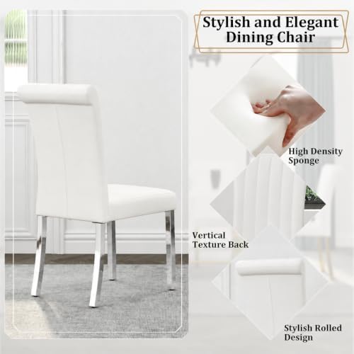 Asday White Leather Dining Chairs Set of 4, White and Silver Dining Room Chai...