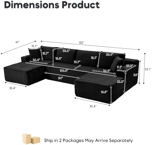 125" U-Shaped Modular Sectional Sofa, Corduroy Couch, Black