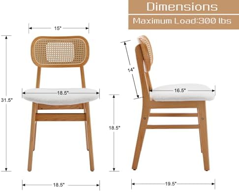 Shunzhi Rattan Dining Chairs Set of 4, Upholstered Farmhouse Dining Room Chai...