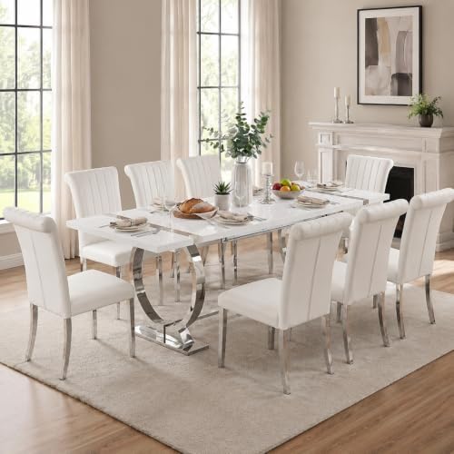 Asday White Leather Dining Chairs Set of 4, White and Silver Dining Room Chai...