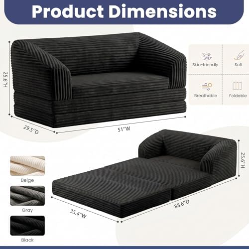 JUIKURY Convertible Sofa Bed, 3-in-1 Foldable Loveseat Couch with Armrest, Co...