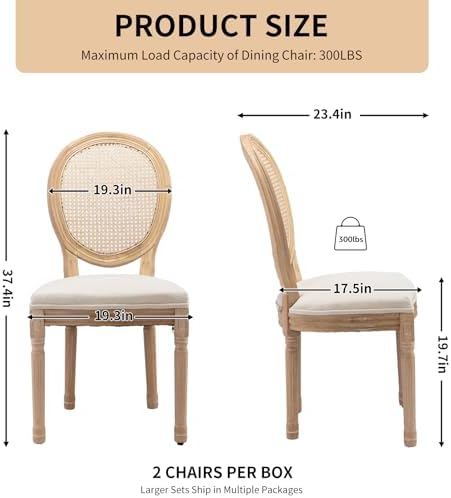 Vintage French Rattan Dining Chairs Set of 4, Solid Wood Frame with Round Rat...