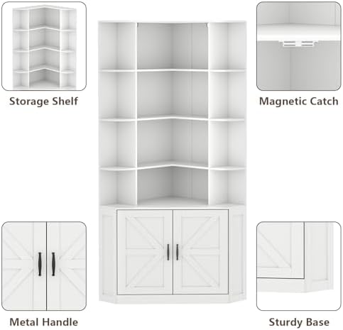Corner Bookshelf with Doors, 6 Tier Corner Bookcase with Storage Cabinet