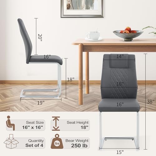 cinkehome Modern Gray Dining Chairs Set of 4 with Silver Metal Legs, High Bac...