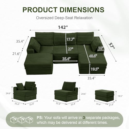 107" U Shaped Couch, Modular Sectional Sofa with Storage, 3-Seater High ...