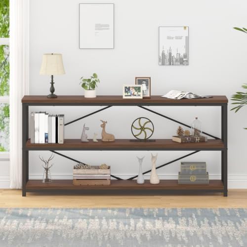 IBF Walnut Low Wide Bookcase, Vintage 63 Inch Long 3 Tier Open Book Shelf