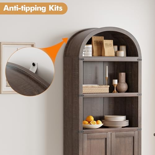 GarveeHome Bookcase with Doors Arched Bookshelf 71.65in Tall Bookcase Farmhou...