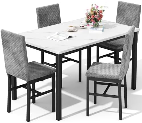 DKLGG Dining Table Set for 4, Faux Marble Kitchen Table with Velvet Upholster...