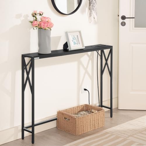 MAHANCRIS 5.9" Narrow Sofa Table with Charging Station, 39.4 Behind Couc...
