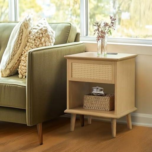Ink+Ivy End Table with Handwoven Rattan Design, Night Stand with Storage Draw...