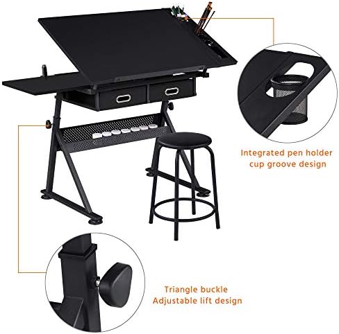 Yaheetech Adjustable Drafting Table Art Desk,Storage Drawers & Stool,Blac...