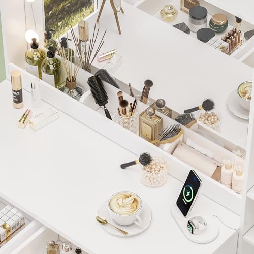 35.4” Makeup Vanity Desk with Charging Station, White Makeup Dressing Table w...