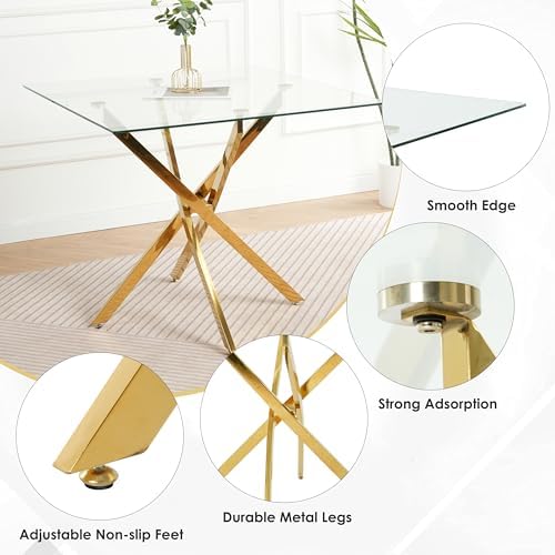 Golden Glass Dining Table Set for 4, 5 Piece Clear Glass Top Dinner Room Set,...