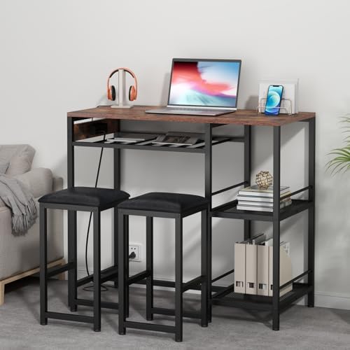 Bar Table and Chairs Set with Power Outlet, Pub Table and Chairs Set for 2