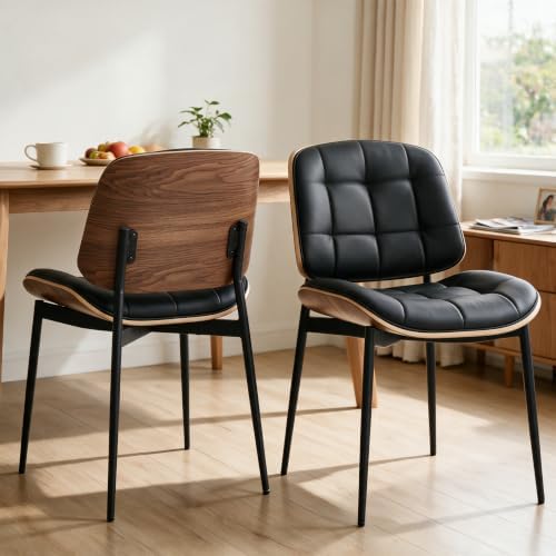 GrandNoor Mid Century Modern Dining Chairs with Walnut Grain Back, Black Faux...