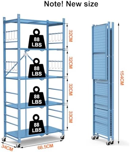 Himix 5-Tier Foldable Storage Shelves with 20 Hooks Wheels Garage Blue