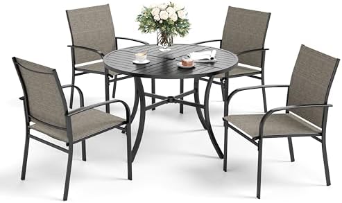 5pc Patio Dining Set for 4, Outdoor 42" Round Metal Table & 4 Brown ...