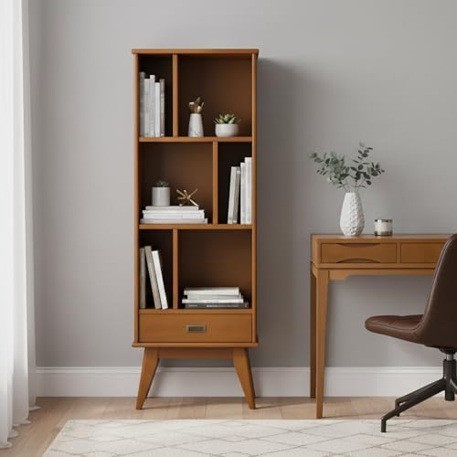 SIMPLIHOME Draper 22W x 64H Solid Wood Bookcase in Tawny Brown Teak