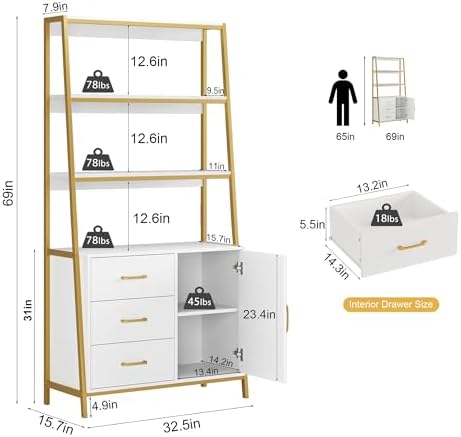 HITHOS White Gold Bookshelf, 69" H Ladder Book Shelf with Drawers & ...