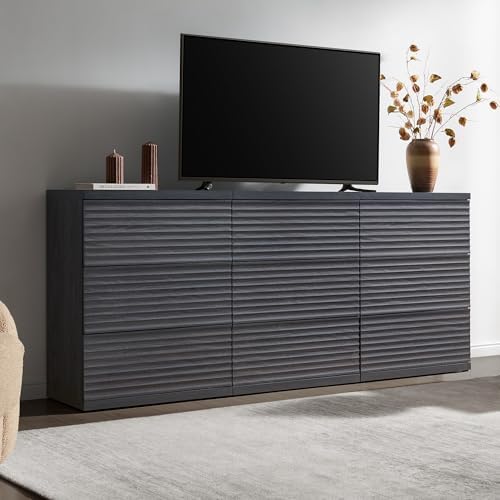 SICOTAS Black Fluted Sideboard Buffet Cabinet with 3 Large Drawers