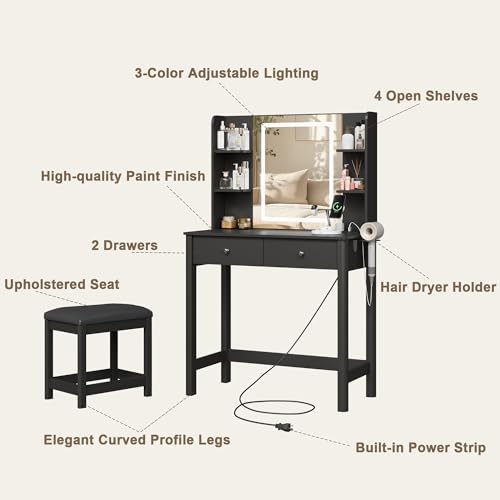 Vanity Desk with LED Mirror, 3 Lighting Modes and Chair