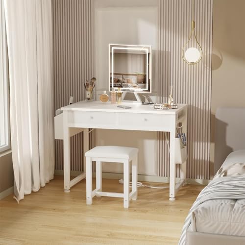 Lufeiya Small Makeup Vanity Desk with Fabric Drawers, 32 inch White Vanity De...
