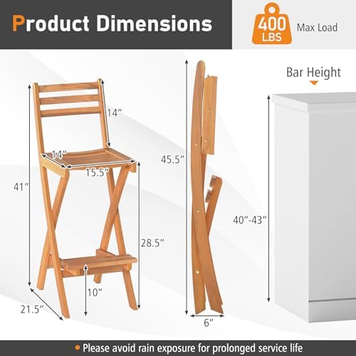 Tangkula Patio Folding Barstool, Outdoor Portable High Top Acacia Wood Bar He...
