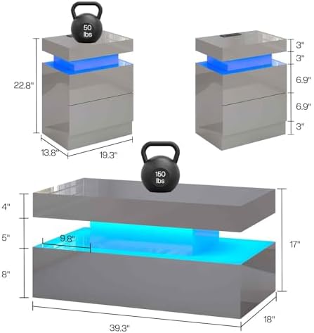 LUXOAK 3-Piece Modern Coffee Table Set with LED