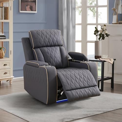 Power Reclining Sofa Set with USB Charging/LED, Blueish Grey Leather Recliner...