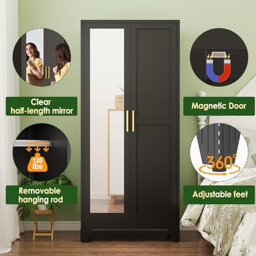 Metal Armoire Wardrobe Closet, 71" Clothing Storage Cabinet with Mirror
