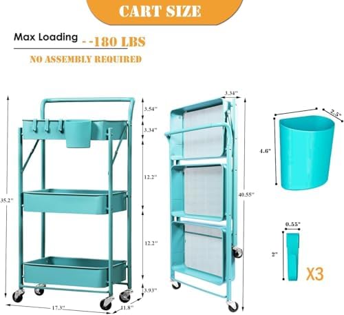 BEEY Foldable Metal Storage Cart Rolling Baskets with Wheels, No Assembly, Me...
