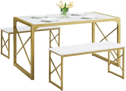 VECELO 55” Kitchen Dining Table Set for 4, Heavy-Duty Steel Frame & Wood-...