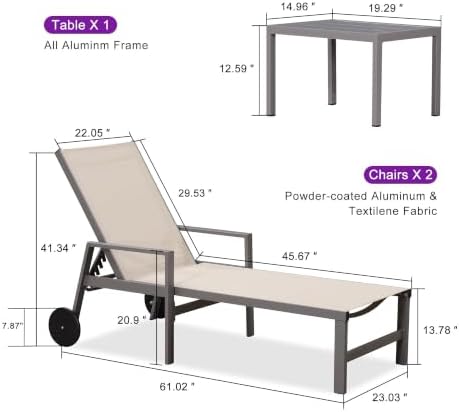 PURPLE LEAF Chaise Lounge Outdoor Set for 2 with Armrest, Khaki | All-aluminu...