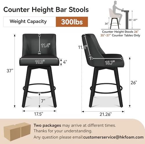 26" Counter Height Swivel Bar Stools, Set of 4, Black Grey | Faux Leathe...