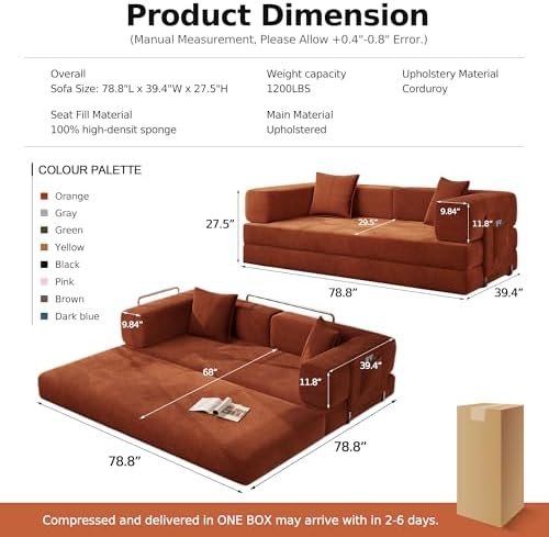 MoonSpeak 78.8'' Futon Sofa Bed, Couches for Living Room | Corduroy C...
