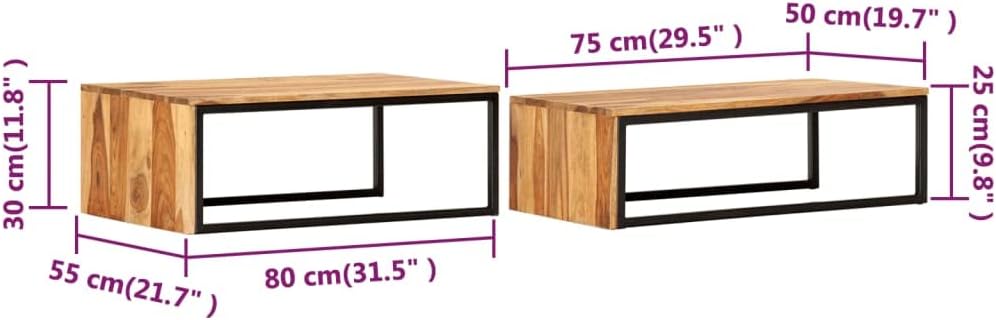 Nesting Tables 2 pcs Solid Acacia Wood | Powder Coated Steel Frame, Stackable...