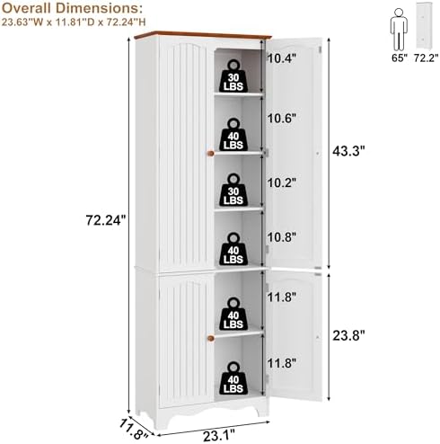 Function Home 72" Kitchen Pantry Cabinet, Freestanding Storage Cabinets,...