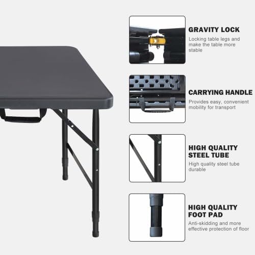 GlowSol Folding Table 4FT, Heavy Duty Portable Plastic Folding Table with Han...