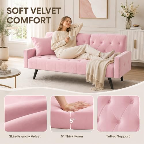 Anwick Modern Velvet 2 in 1 Futon Sofa Bed,Convertible Folding Sleeper Bed Co...