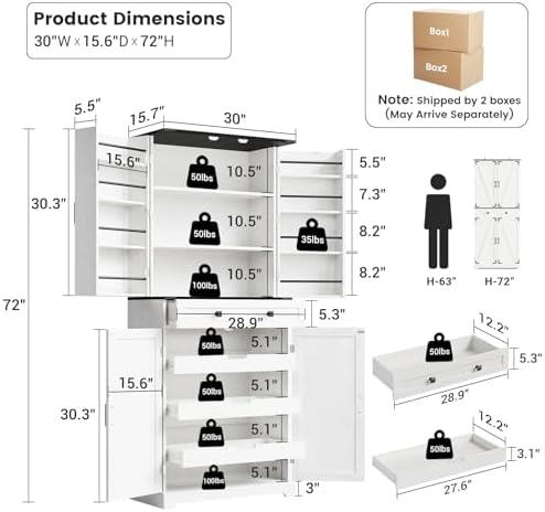 ELYKEN 72" Kitchen Pantry Storage Cabinet with Drawer, 3 Pull Out Shelve...