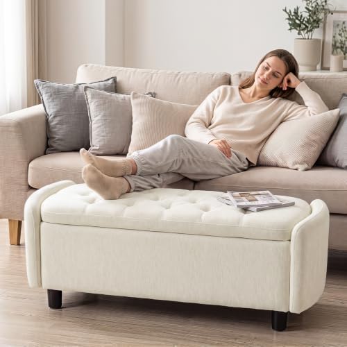 Furniliving 46.5‘’ Chenille Storage Bench, Button-Tufted Upholstered Storage ...