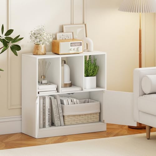 GIANTEX 3-Cube Bookcase with Doors, 3-Tier Cubic Bookshelf w/Open Compartment...