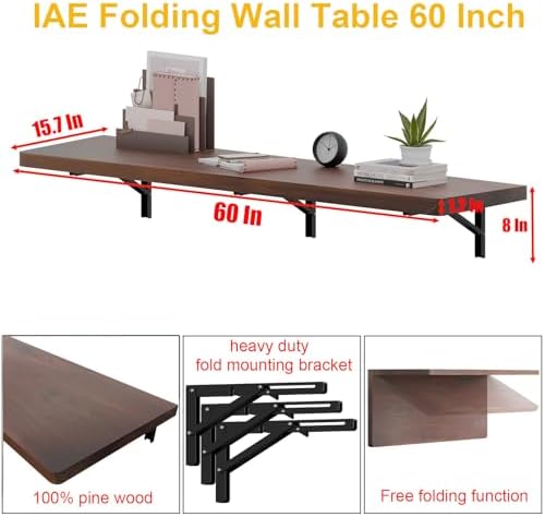 IAE Wall Mounted Folding Table with Pine Wood,60" x 16"Floating Wal...