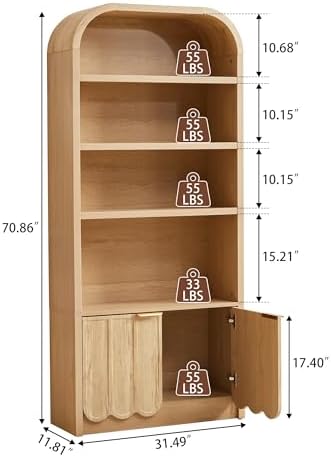 ORRD 70" Tall Arched Bookshelf with Storage Cabinet, Modern 4-Tier Wood ...