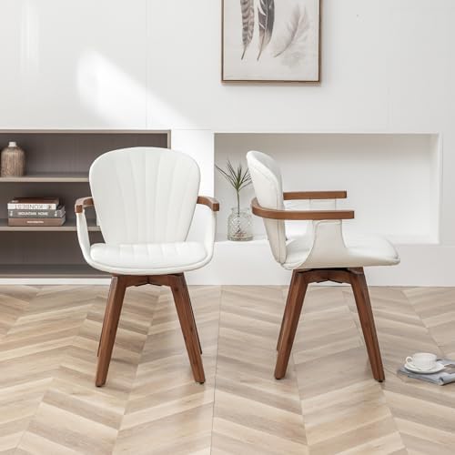 LUNLING Swivel Dining Chairs Set of 4, Mid Century Modern White Faux Leather ...