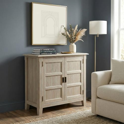 SIMPLIHOME Burlington 30" Wide Solid Wood Cabinet in Distressed Grey