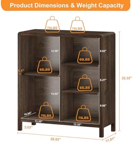 FATORRI 5 Cube Bookshelf, Wood Bookcase with 3 Adjustable Shelves, Farmhouse ...