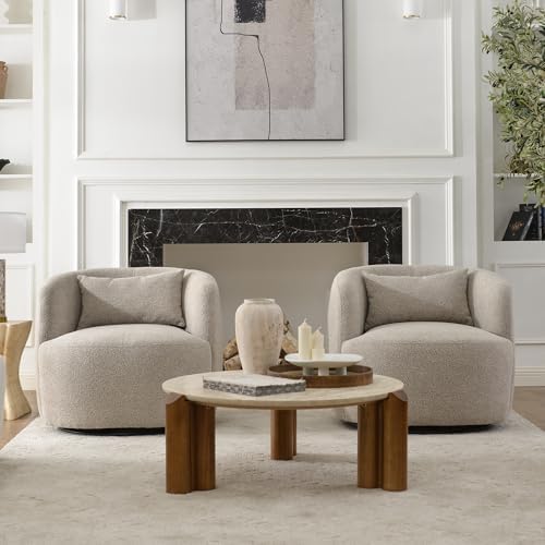 KINWELL 34" W Boucle Swivel Barrel Chairs with Pillow Set of 2, Taupe | ...