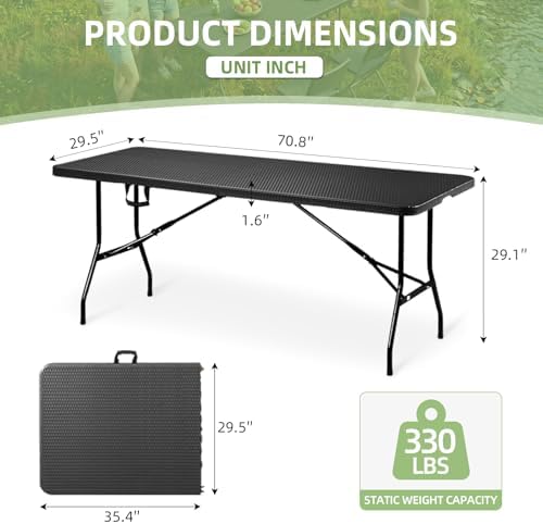 6FT Folding Table Portable Picnic Table Heavy-Duty Fold-in-Half Utility 6 Foo...