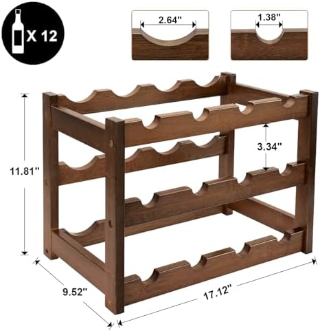 Bamboo Wine Rack, 3-Tier 12 Bottles Wine Storage Cabinet Shelf | Easy Assembl...